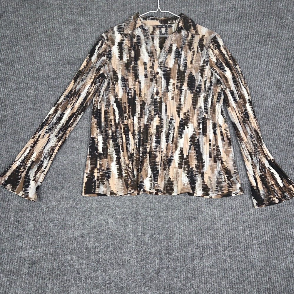 Apt. 9 Womens XL Brown Abstract Ikat Plisse Pleated Button Up Blouse Long Sleeve